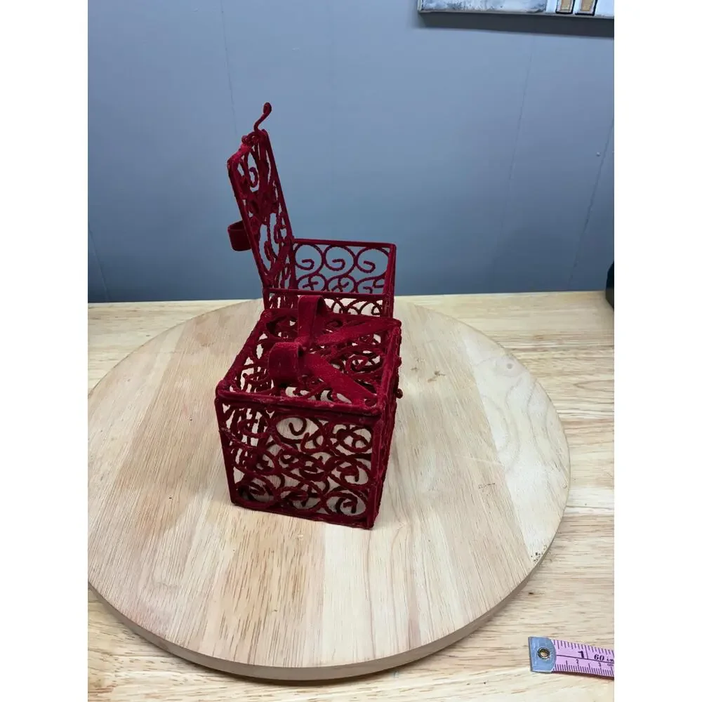 Pair of Red Velvet Gift Box Ornaments | Flocked Metal Filigree Boxes with Bows